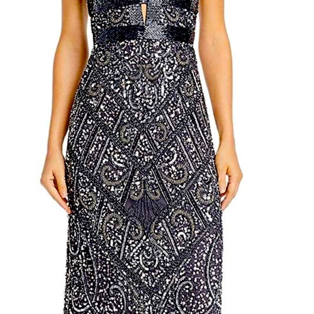Women’s Formal Dress Sz 10 Silver Gray AIDAN BY AIDAN MATTOX Heavily Beaded Gown - Picture 6 of 14
